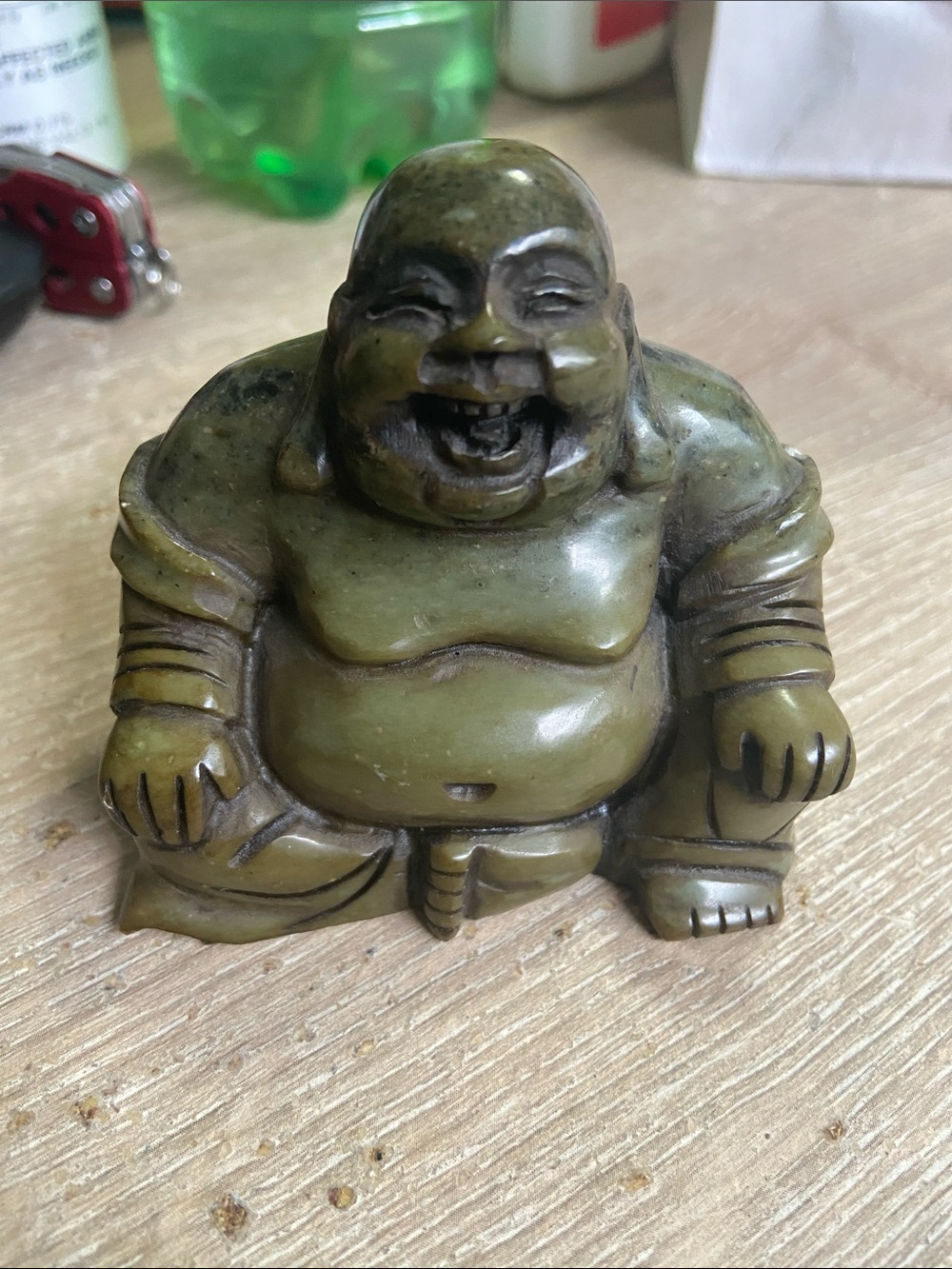 Vintage Hand Carved Green Stone Happy Laughing Smiling Buddha Figure